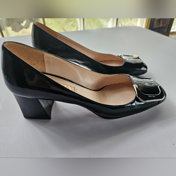 PRADA Black Patent Leather Block Heel Buckle Square Toe Pumps | SZ 6.5 - Picture 8 of 12